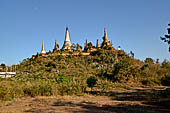 Inle Lake Myanmar. Indein, a cluster of ancient stupas  ruined and overgrown with bushes, just behind the village. 